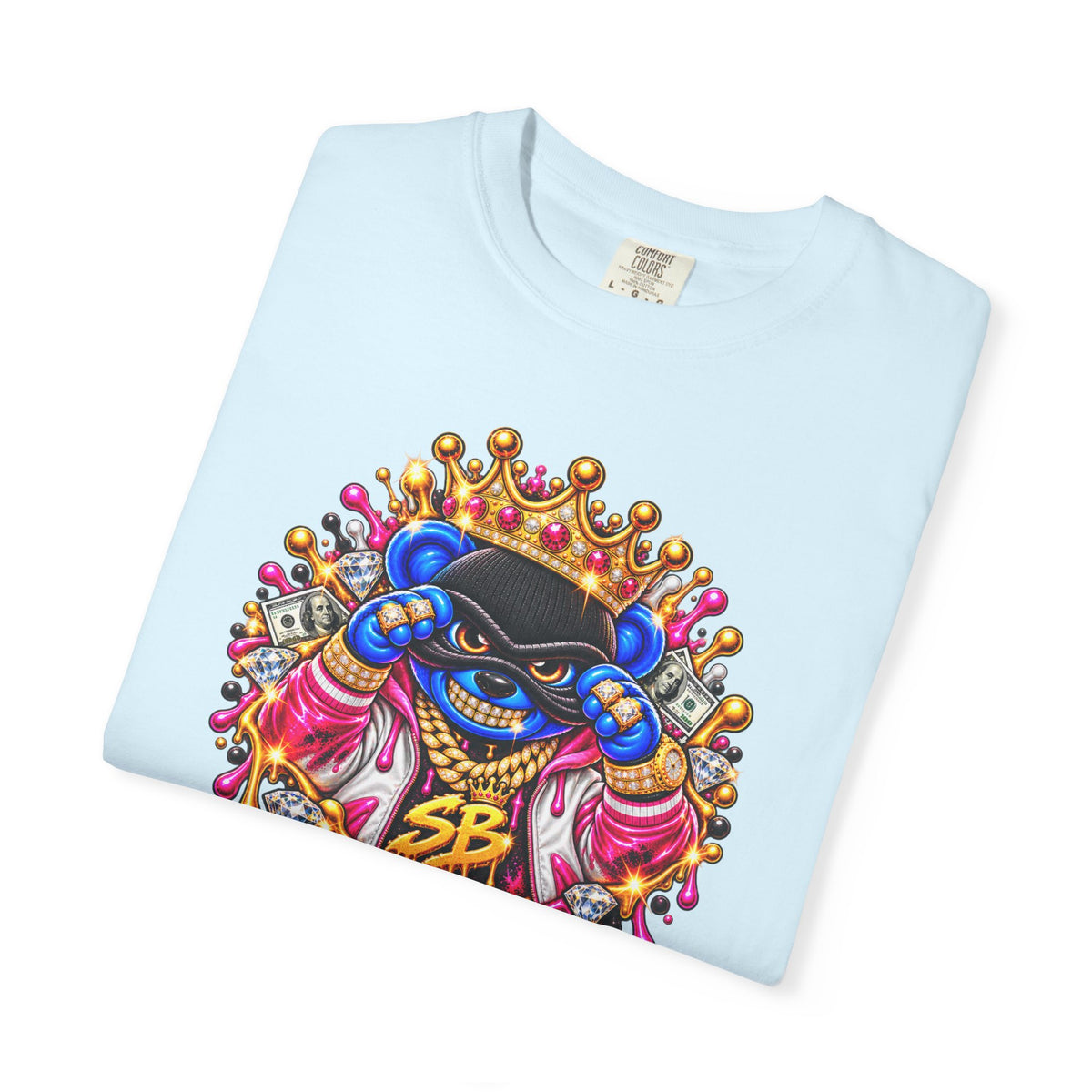 Unisex Garment-Dyed T-shirt-BLUE&PINK CROWN MASK LOGO PRAY BIG -SCUMMIEBEARZ™
