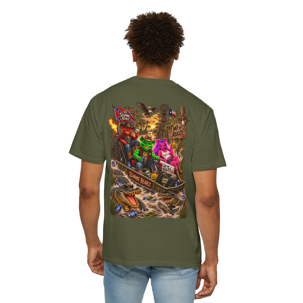 Unisex Garment-Dyed T-shirt-CROWN MASK LOGO HILLBILLY AIRBOAT -SCUMMIEBEARZ™
