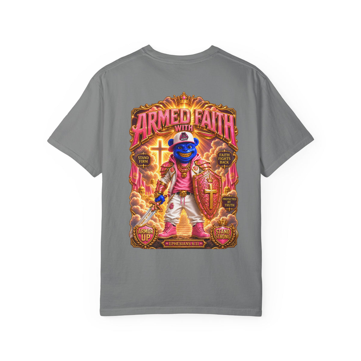 Unisex Garment-Dyed T-shirt-BLUE&PINK CROWN SB LOGO ARMED WITH FAITH-SCUMMIEBEARZ™