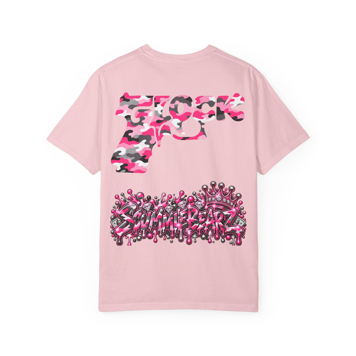 Unisex Garment-Dyed T-shirt-PINK CAMO MASK LOGO GLOCK -SCUMMIEBEARZ™