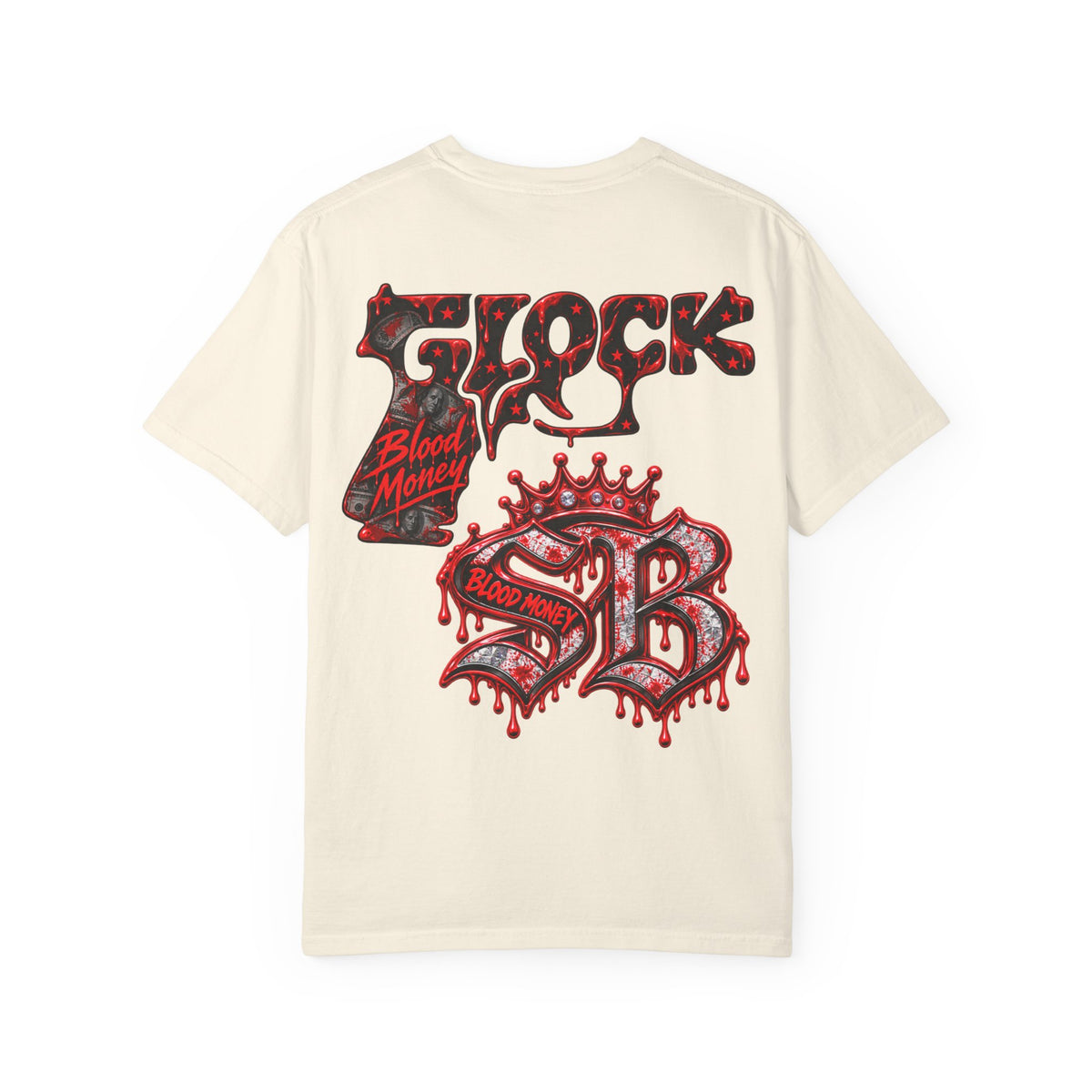 Unisex Garment-Dyed T-SHIRT-BLOOD MONEY GLOCK/SB LOGO/MASK LOGO-SCUMMIEBEARZ™