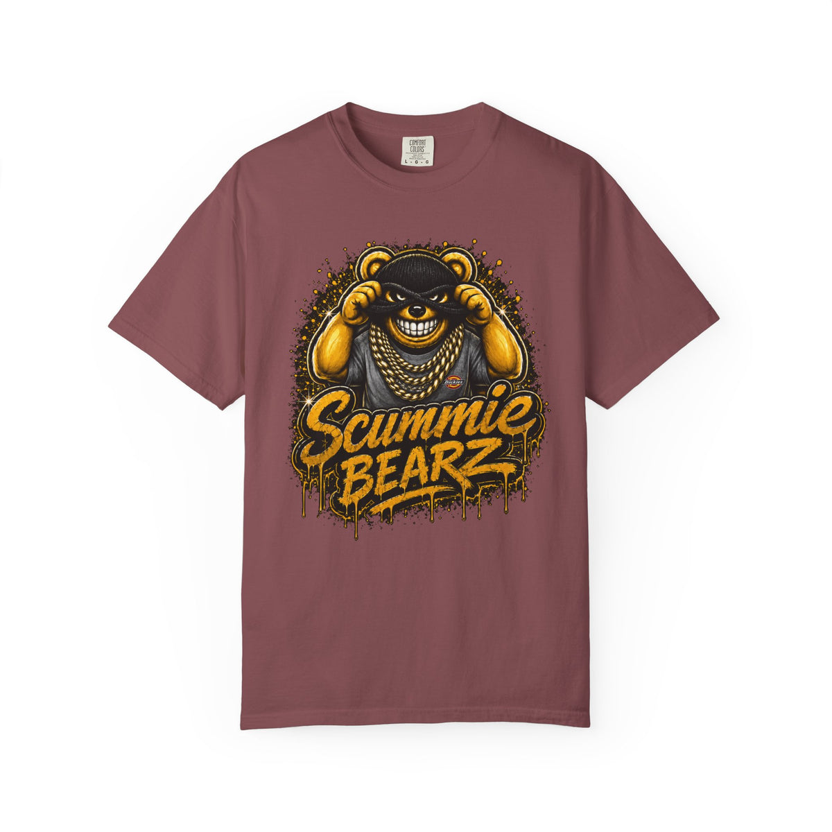 Unisex Garment-Dyed T-shirt-GOLD MASK LOGO & BANK HEIST GRAPHIC DESIGN -SCUMMIEBEARZ™