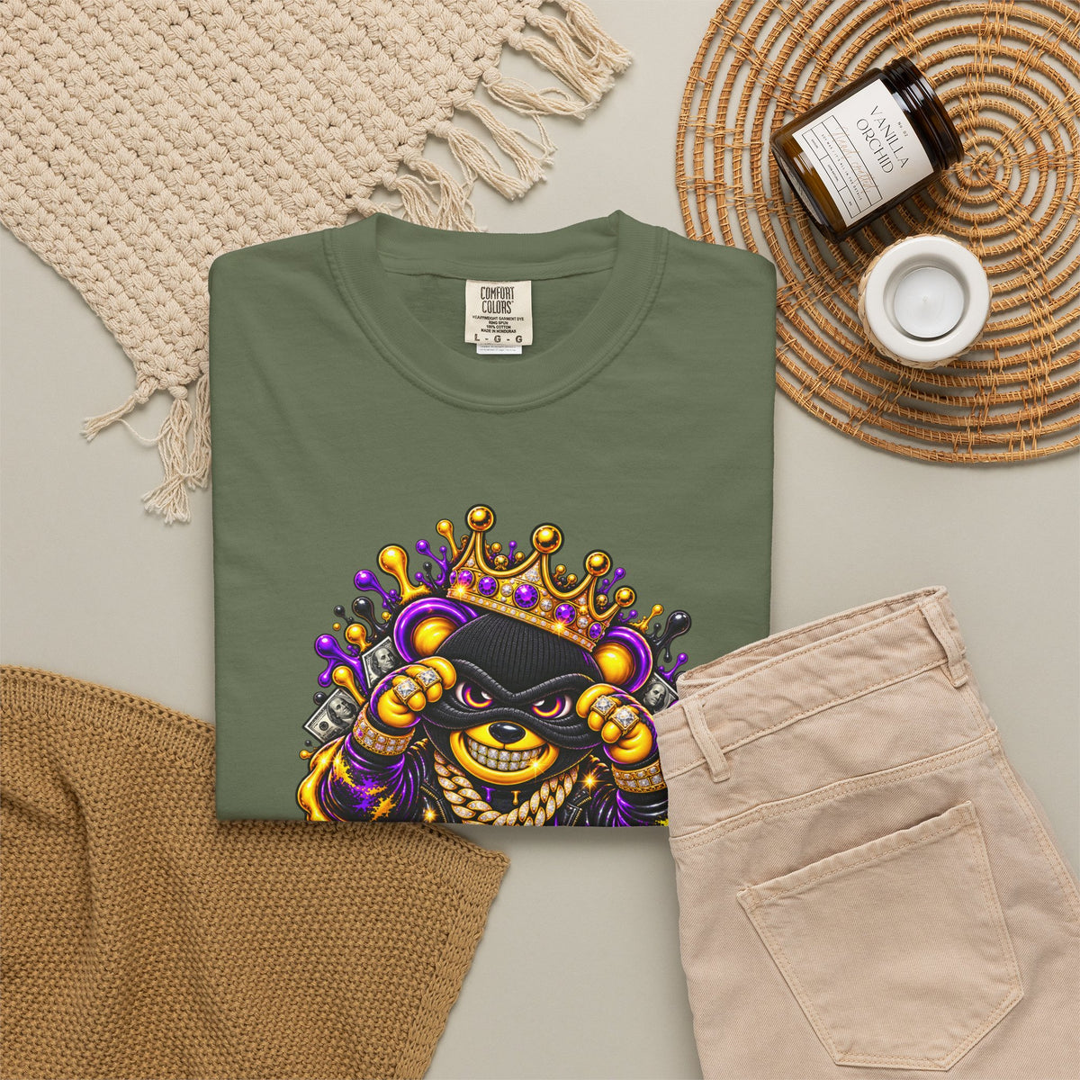 Unisex Garment-Dyed T-shirt-PURPLE&GOLD CROWN MASK LOGO GET SERVED CROWN SB LOGO-SCUMMIEBEARZ™
