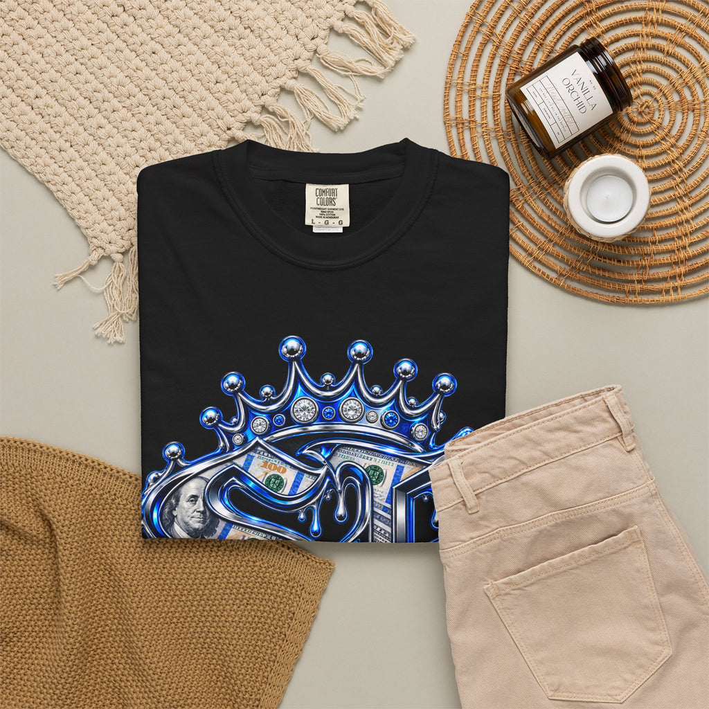 Unisex Garment-Dyed T-shirt-BLUE CROWN MASK LOGO PAPER CHASER MONEY IS THE MOTIVE-SCUMMIEBEARZ™