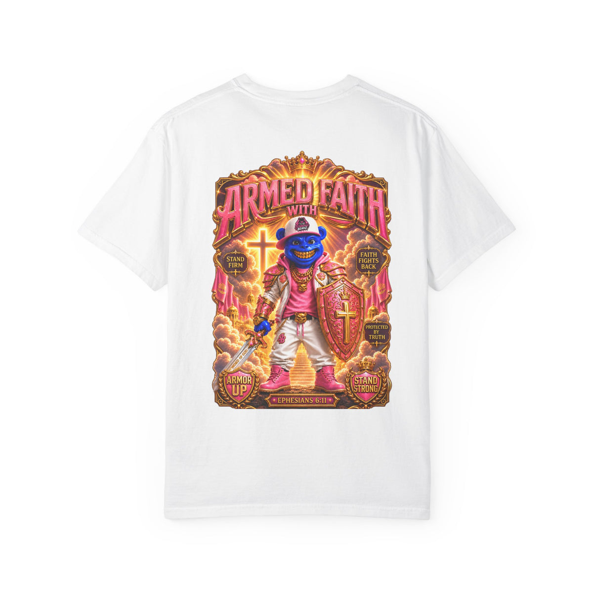 Unisex Garment-Dyed T-shirt-BLUE&PINK CROWN SB LOGO ARMED WITH FAITH-SCUMMIEBEARZ™