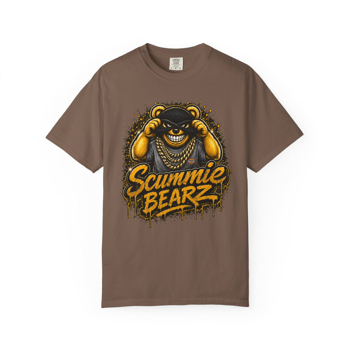 Unisex Garment-Dyed T-shirt-GOLD MASK LOGO & BANK HEIST GRAPHIC DESIGN -SCUMMIEBEARZ™