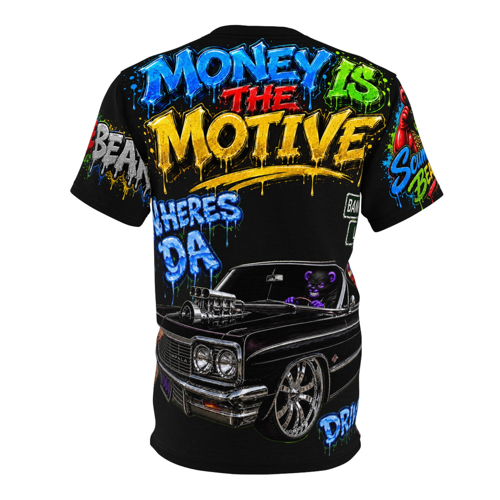 SCUMMIEBEARZ™ Where’s Da Driver?™ – Money is the Motive  AOP Edition  Unisex Graphic Streetwear Tee
