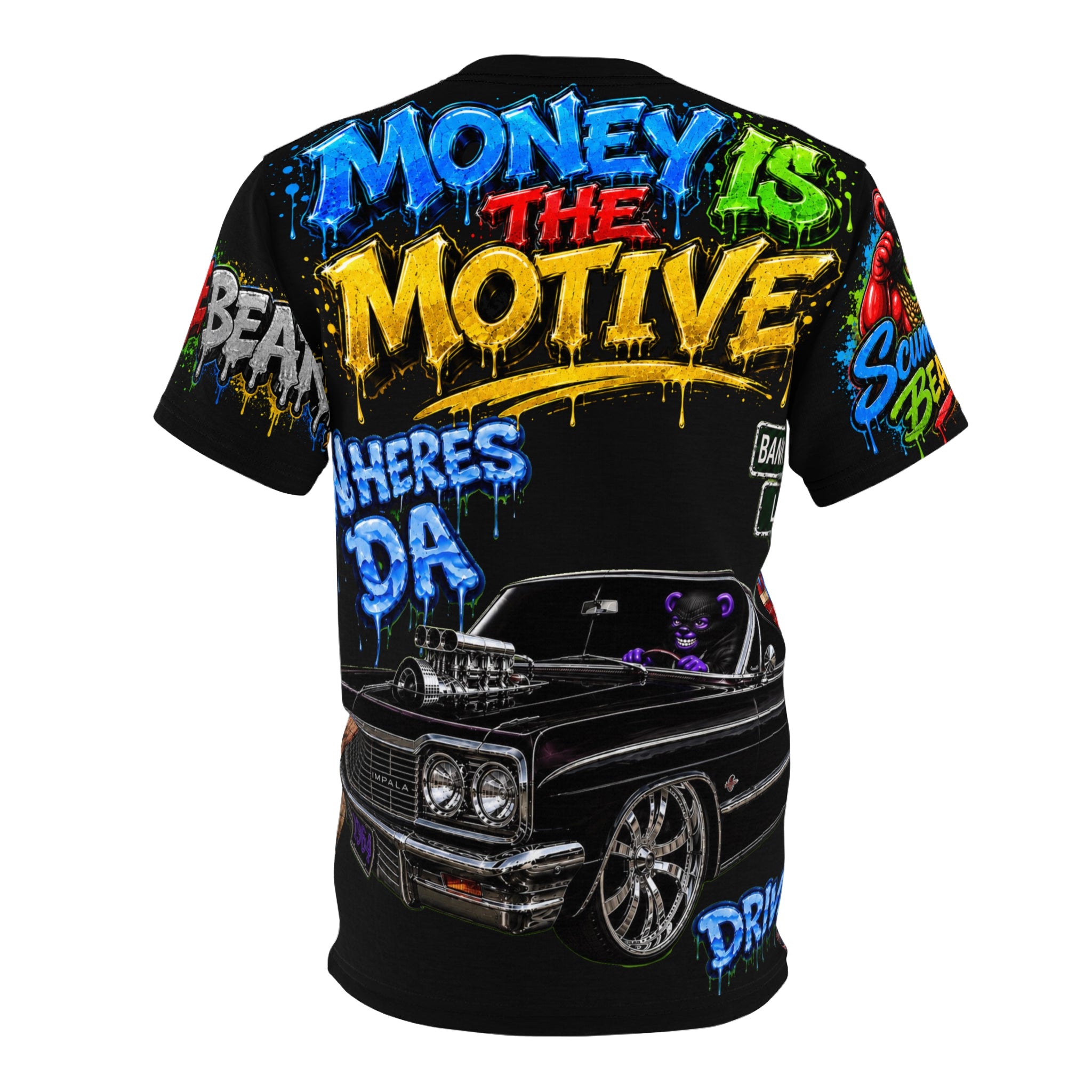 SCUMMIEBEARZ™ Where’s Da Driver?™ – Money is the Motive  AOP Edition  Unisex Graphic Streetwear Tee