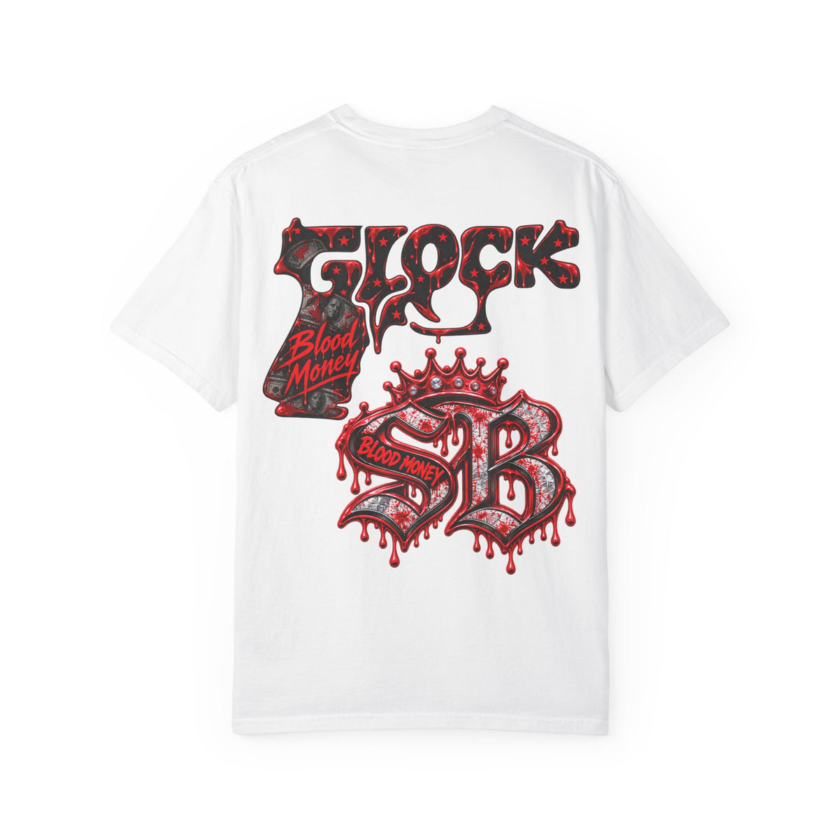 Unisex Garment-Dyed T-SHIRT-BLOOD MONEY GLOCK/SB LOGO/MASK LOGO-SCUMMIEBEARZ™