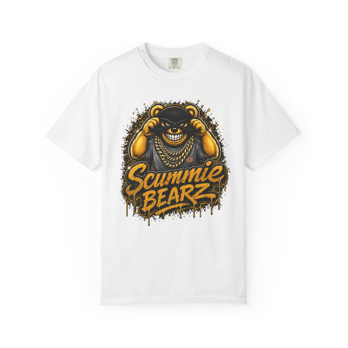 Unisex Garment-Dyed T-shirt-GOLD MASK LOGO & BANK HEIST GRAPHIC DESIGN -SCUMMIEBEARZ™