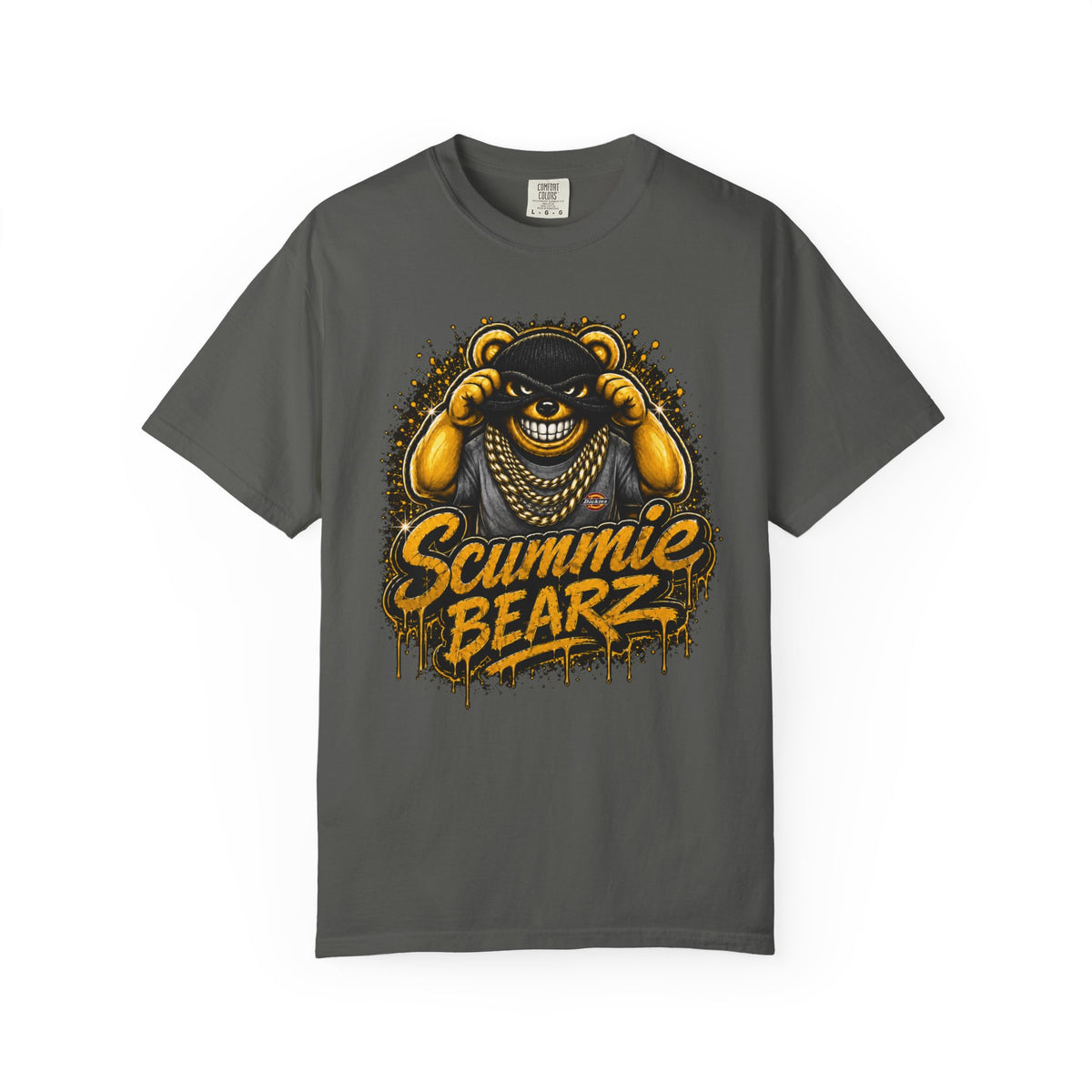 Unisex Garment-Dyed T-shirt-GOLD MASK LOGO & BANK HEIST GRAPHIC DESIGN -SCUMMIEBEARZ™
