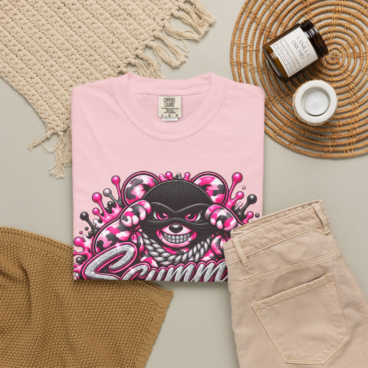Unisex Garment-Dyed T-shirt-PINK CAMO MASK LOGO GLOCK -SCUMMIEBEARZ™