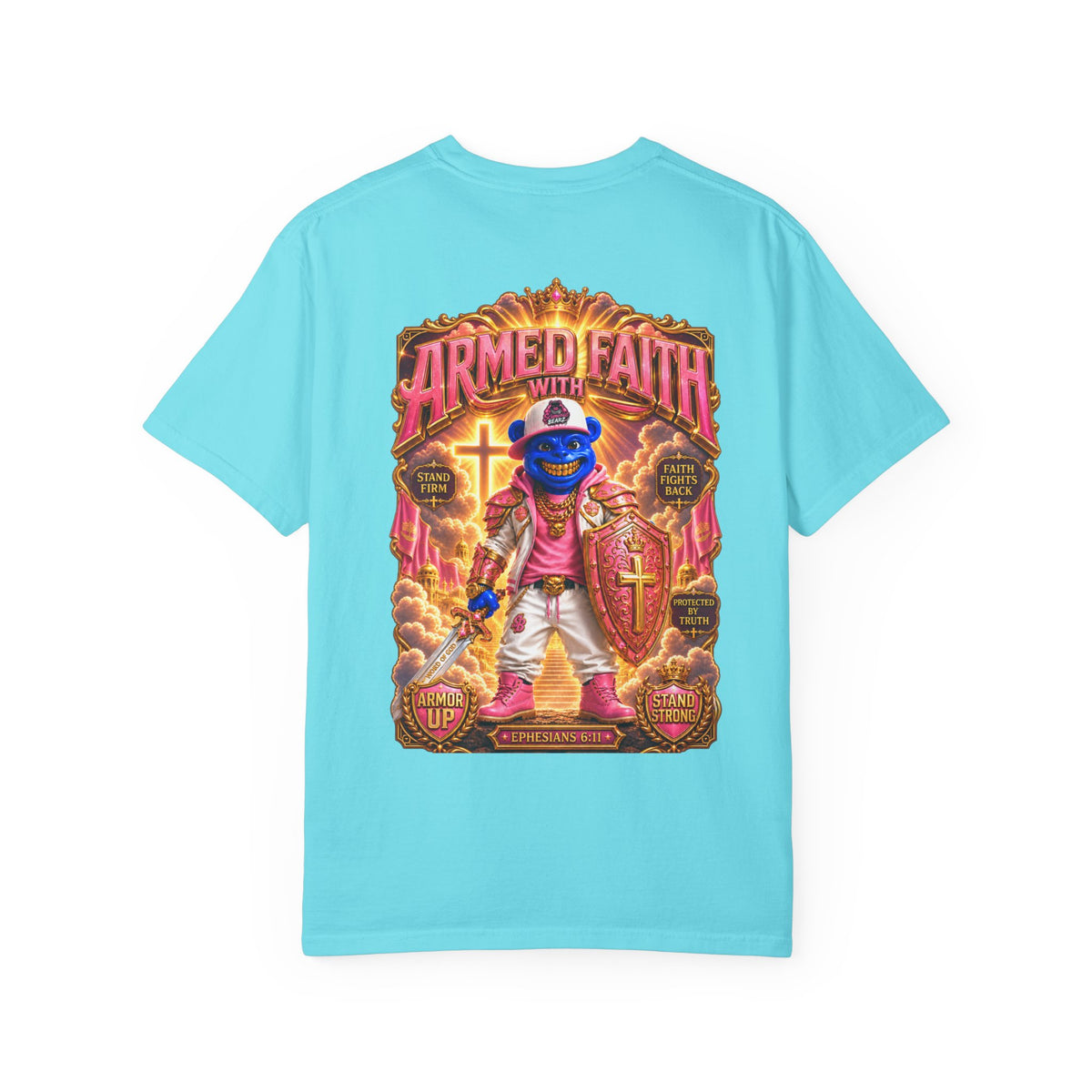 Unisex Garment-Dyed T-shirt-BLUE&PINK CROWN SB LOGO ARMED WITH FAITH-SCUMMIEBEARZ™