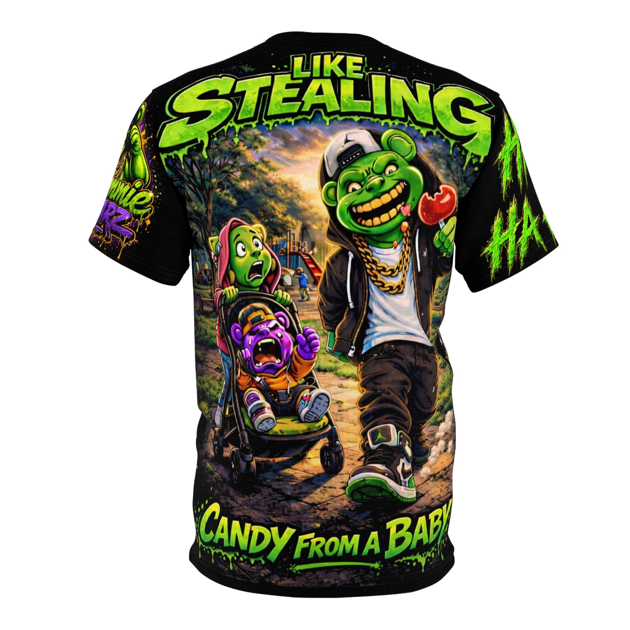 SCUMMIE BEARZ "Like Stealing Candy From a Baby" Green AOP Edition Unisex Graphic Tee