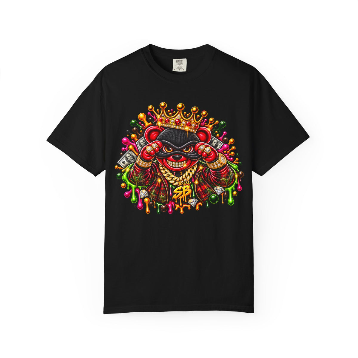 Unisex Garment-Dyed T-shirt-RED&GOLD CROWN MASK LOGO MONEY GLOCK -SCUMMIEBEARZ™