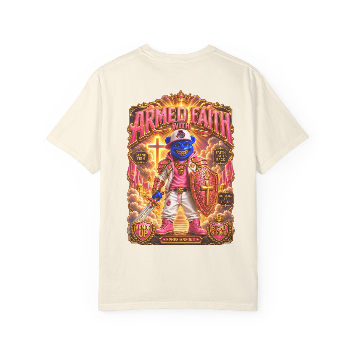 Unisex Garment-Dyed T-shirt-BLUE&PINK CROWN SB LOGO ARMED WITH FAITH-SCUMMIEBEARZ™