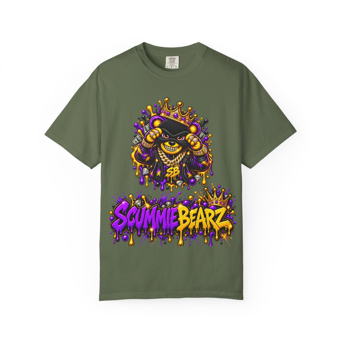 Unisex Garment-Dyed T-shirt-PURPLE&GOLD CROWN MASK LOGO GET SERVED CROWN SB LOGO-SCUMMIEBEARZ™