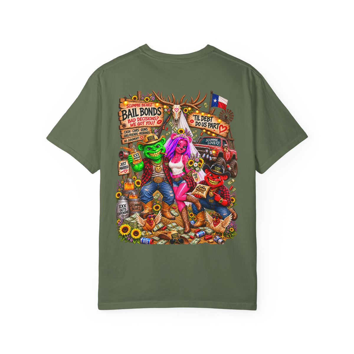 Unisex Garment-Dyed T-shirt-RED CROWN MASK LOGO BAIL BONDS-SCUMMINGBEARZ™
