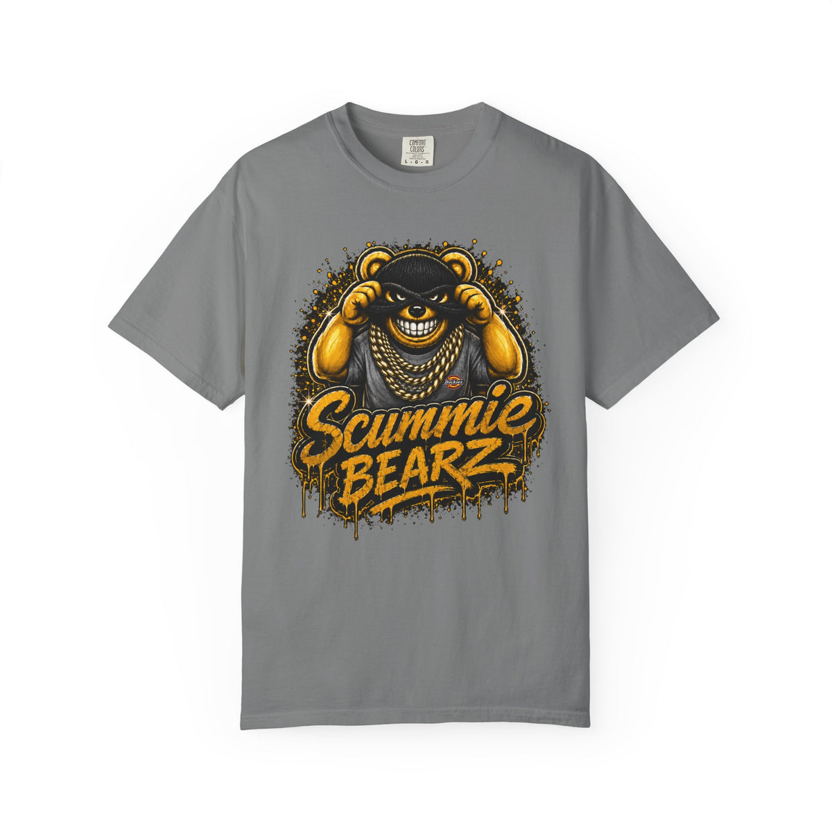 Unisex Garment-Dyed T-shirt-GOLD MASK LOGO & BANK HEIST GRAPHIC DESIGN -SCUMMIEBEARZ™