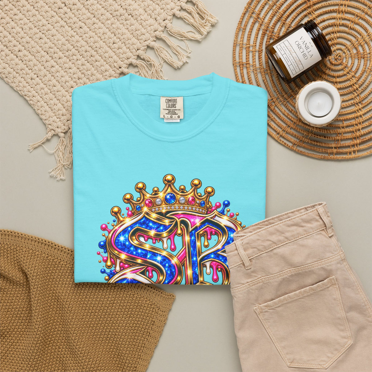 Unisex Garment-Dyed T-shirt-BLUE&PINK CROWN SB LOGO ARMED WITH FAITH-SCUMMIEBEARZ™