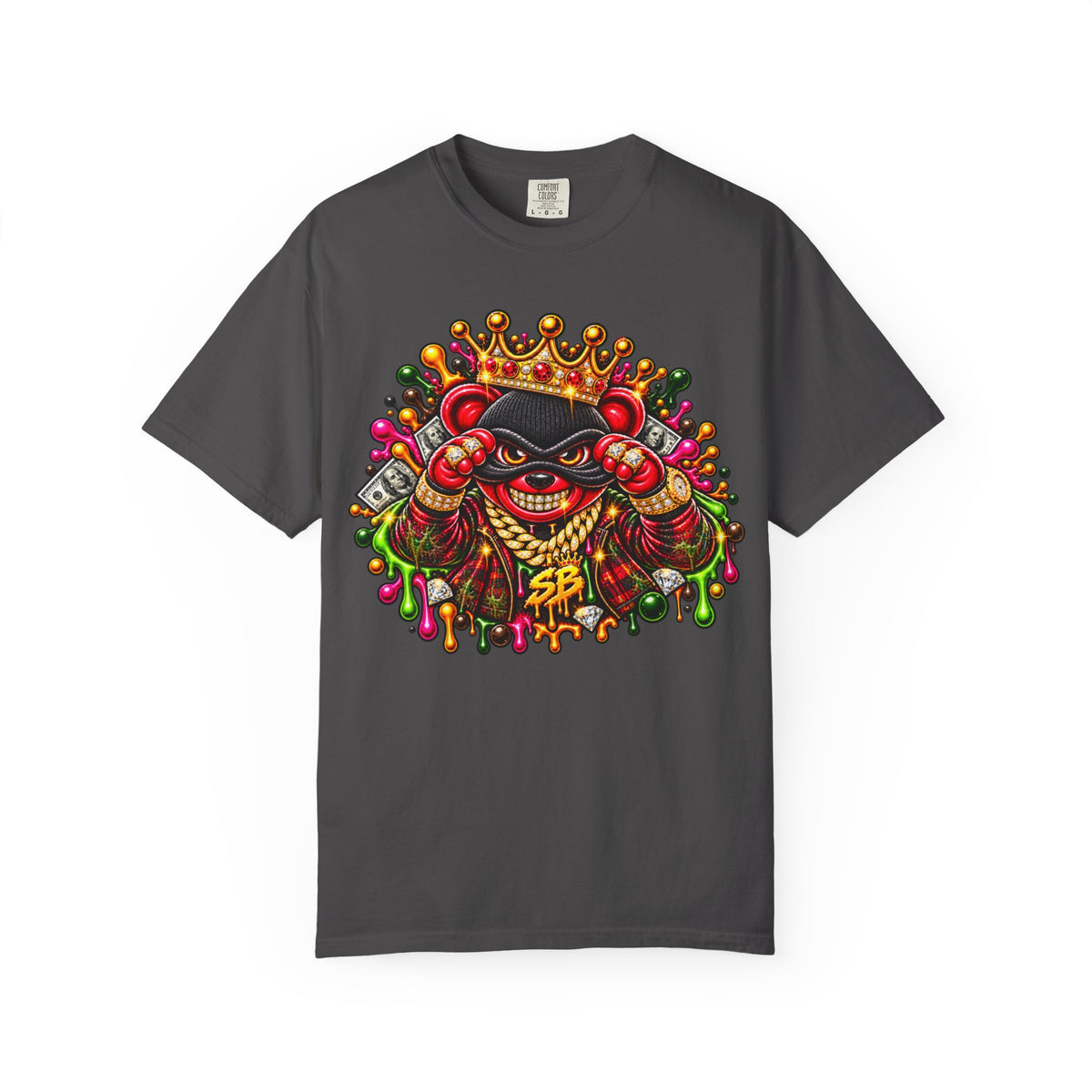 Unisex Garment-Dyed T-shirt-RED&GOLD CROWN MASK LOGO MONEY GLOCK -SCUMMIEBEARZ™