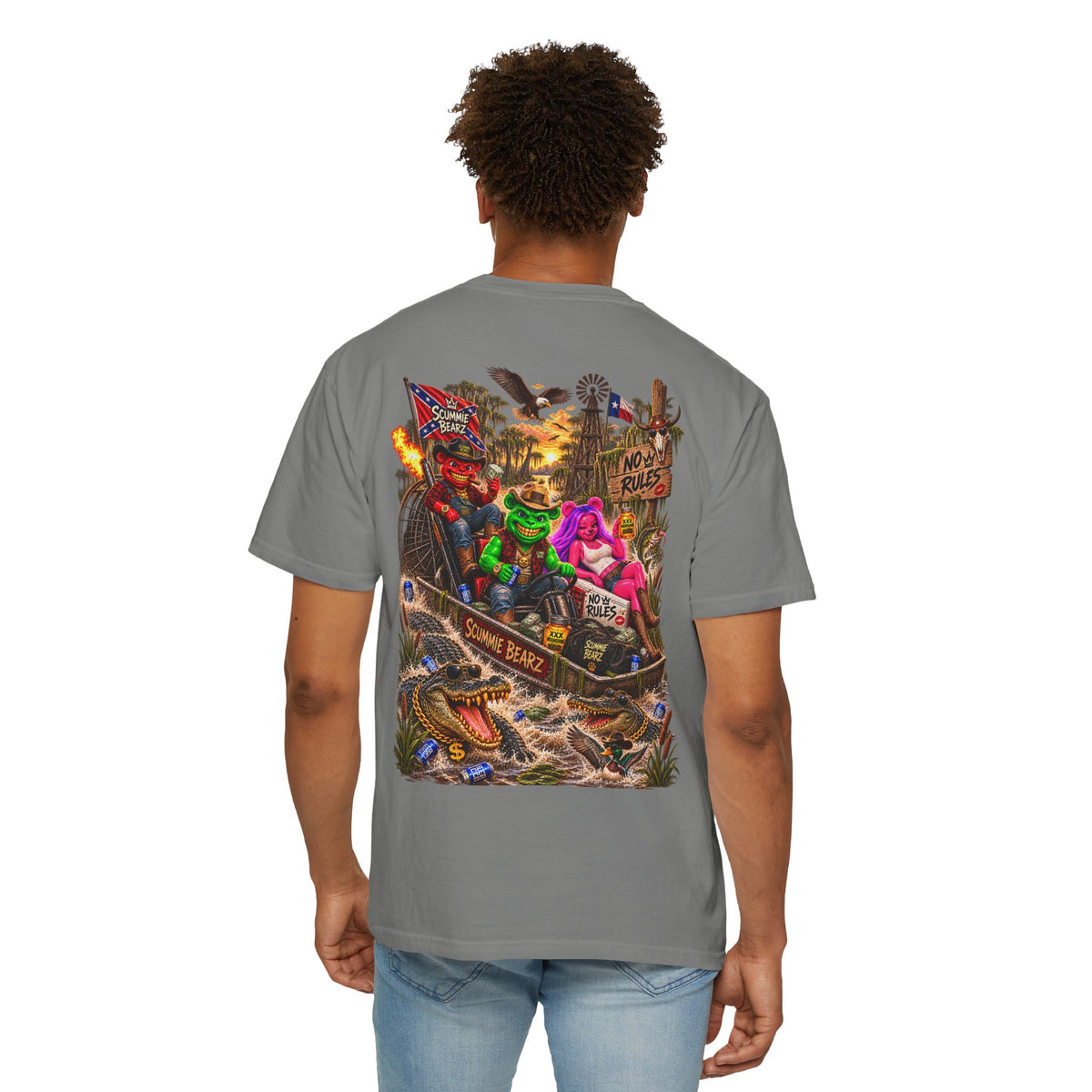 Unisex Garment-Dyed T-shirt-CROWN MASK LOGO HILLBILLY AIRBOAT -SCUMMIEBEARZ™
