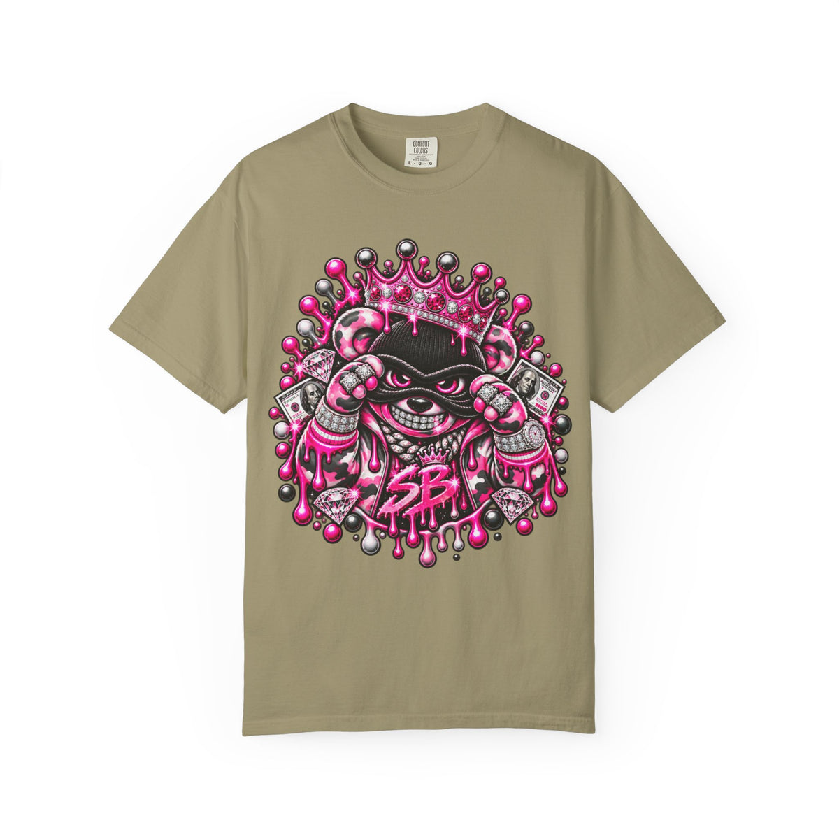 Unisex Garment-Dyed T-shirt-PINK CROWN MASK LOGO GLOCK -SCUMMIEBEARZ™