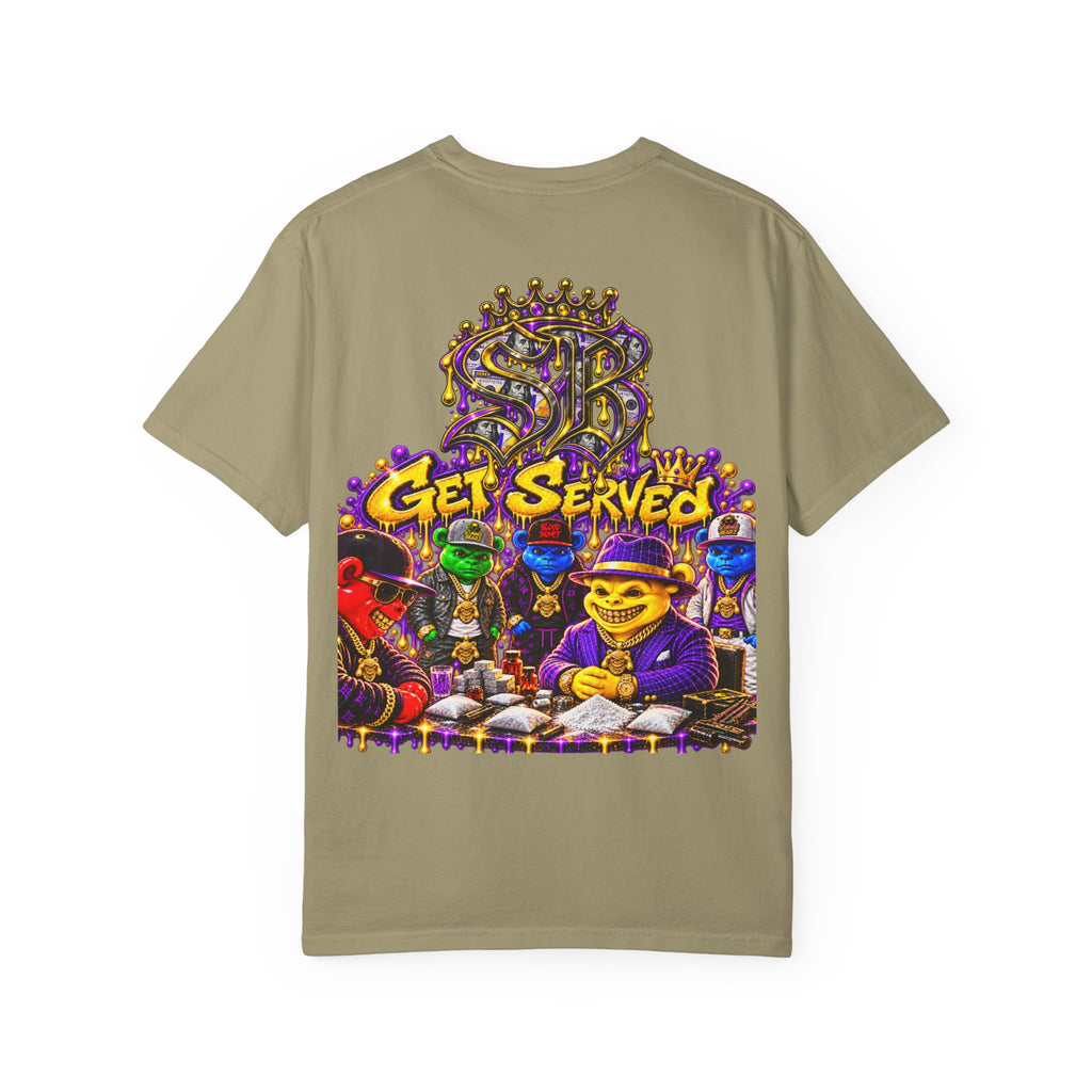 Unisex Garment-Dyed T-shirt-PURPLE&GOLD CROWN MASK LOGO GET SERVED CROWN SB LOGO-SCUMMIEBEARZ™