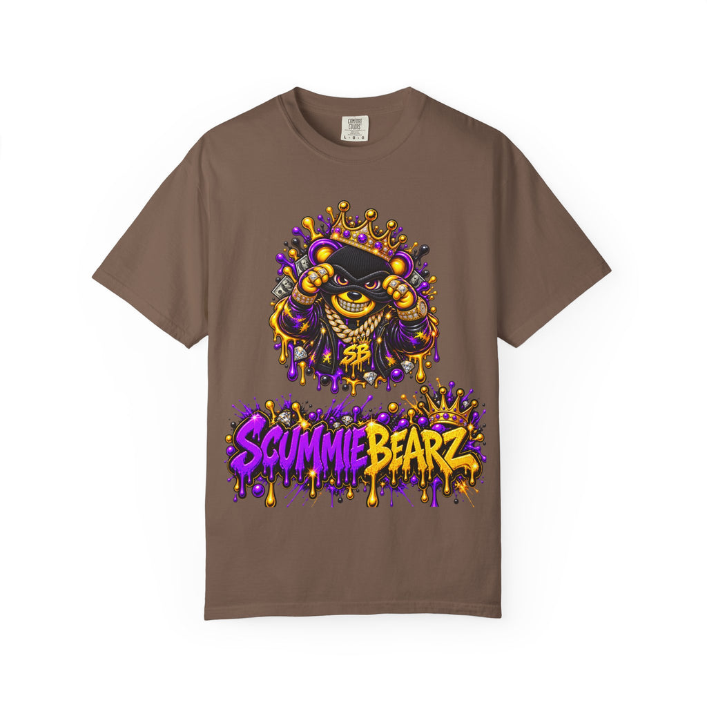 Unisex Garment-Dyed T-shirt-PURPLE&GOLD CROWN MASK LOGO GET SERVED CROWN SB LOGO-SCUMMIEBEARZ™