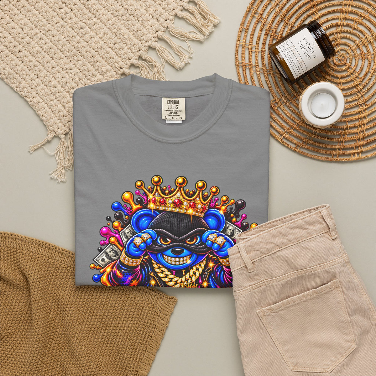 Unisex Garment-Dyed T-shirt-BLUE&PINK CROWN MASK LOGO MONEY GLOCK CROWN SB LOGO-SCUMMIEBEARZ™