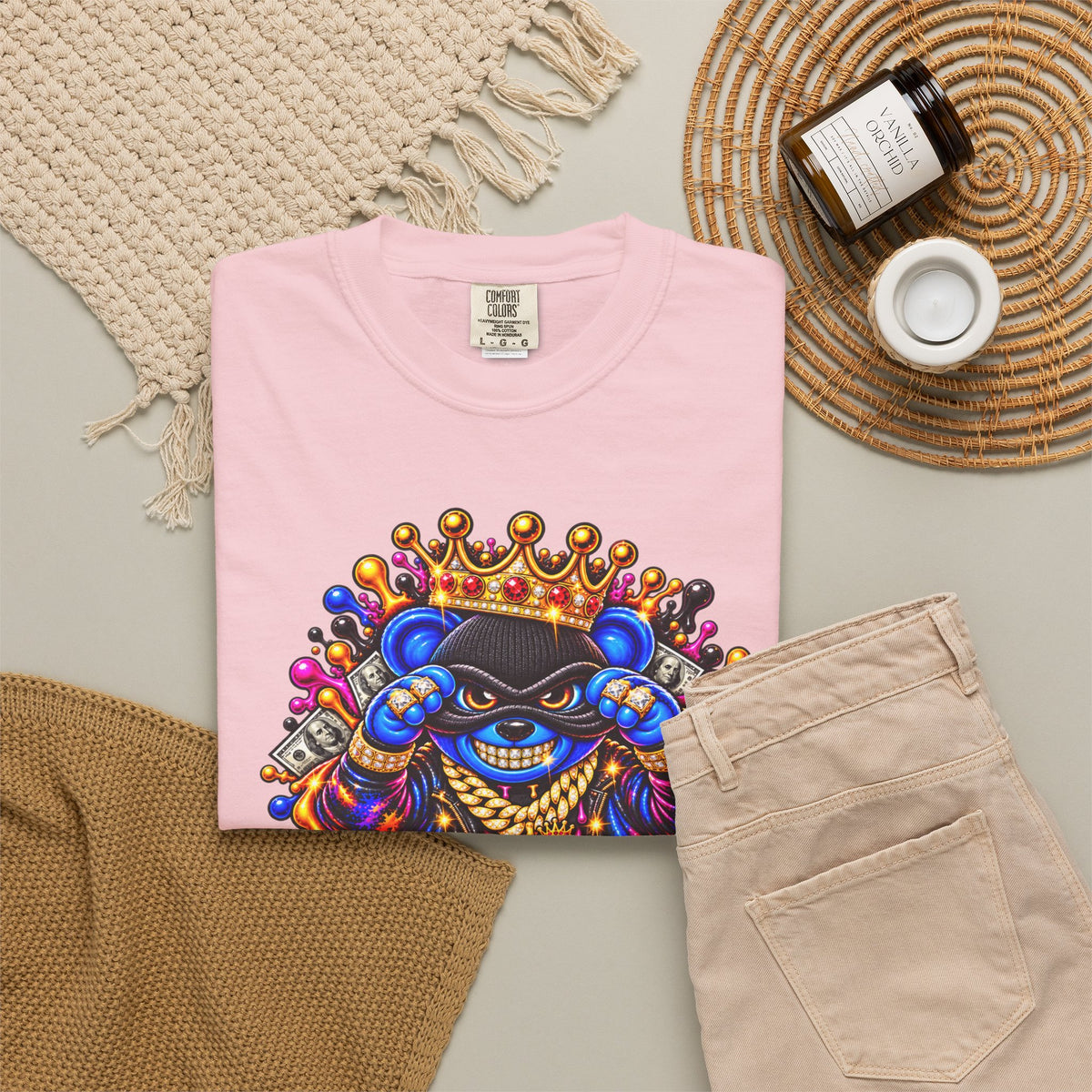 Unisex Garment-Dyed T-shirt-BLUE&PINK CROWN MASK LOGO MONEY GLOCK CROWN SB LOGO-SCUMMIEBEARZ™