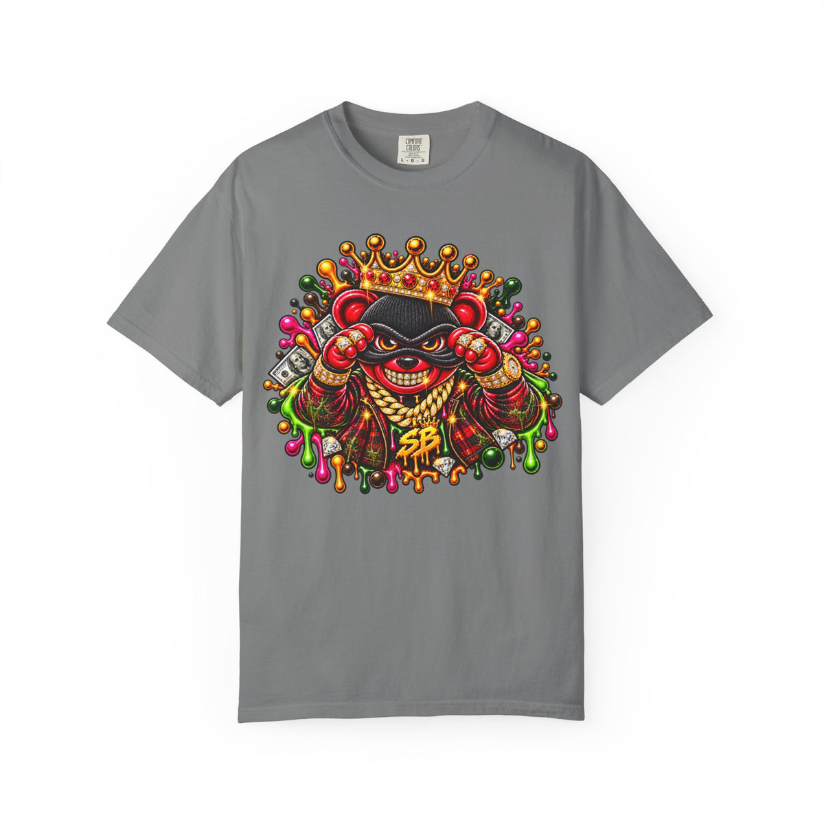 Unisex Garment-Dyed T-shirt-RED&GOLD CROWN MASK LOGO MONEY GLOCK -SCUMMIEBEARZ™