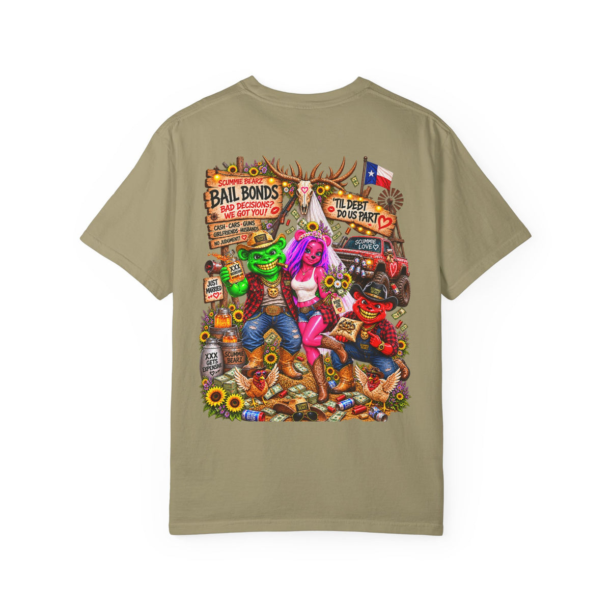 Unisex Garment-Dyed T-shirt-RED CROWN MASK LOGO BAIL BONDS-SCUMMINGBEARZ™