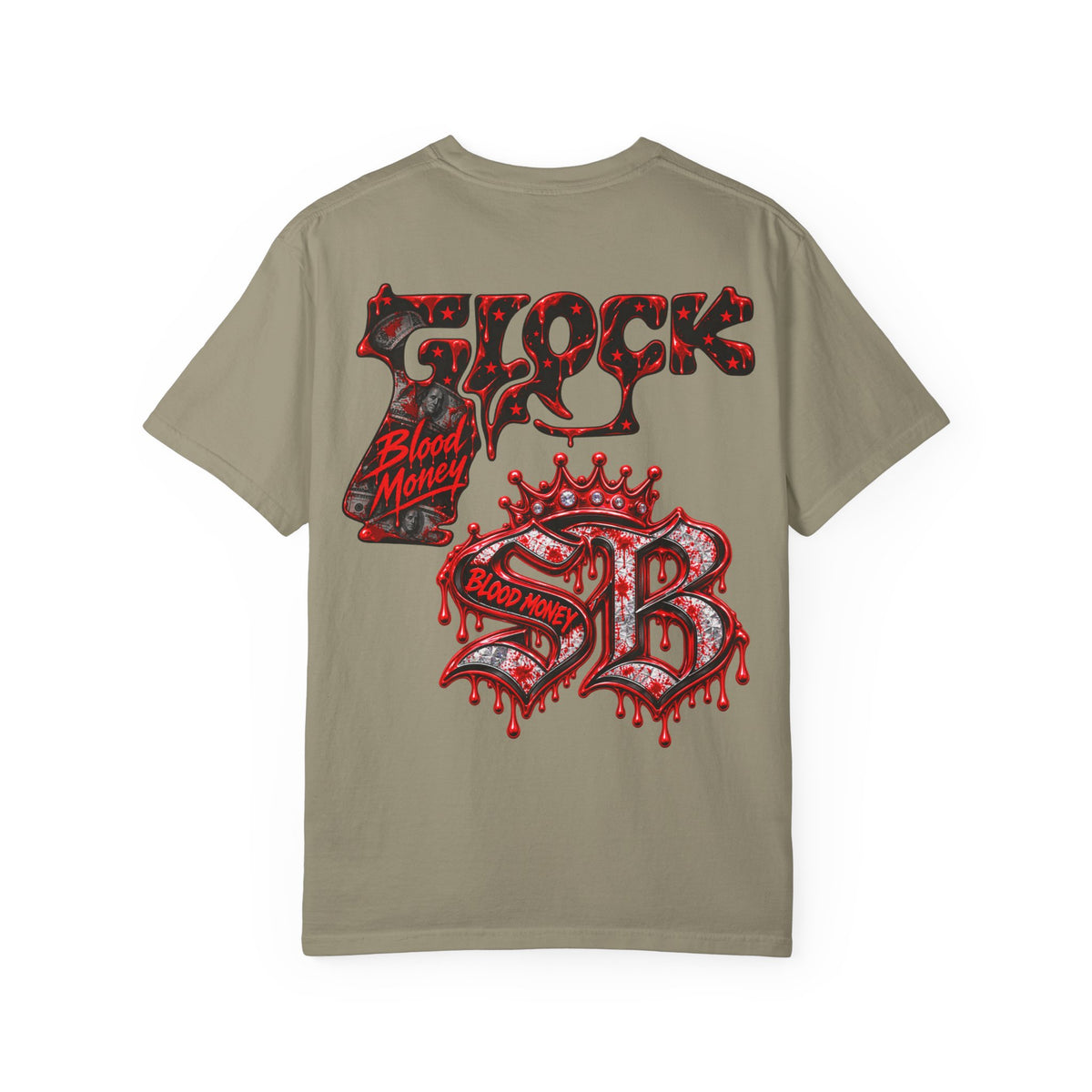 Unisex Garment-Dyed T-SHIRT-BLOOD MONEY GLOCK/SB LOGO/MASK LOGO-SCUMMIEBEARZ™