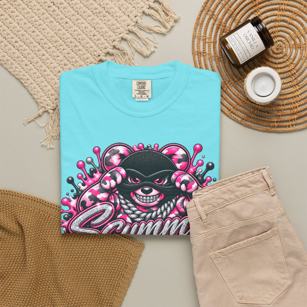 Unisex Garment-Dyed T-shirt-PINK CAMO MASK LOGO GLOCK -SCUMMIEBEARZ™