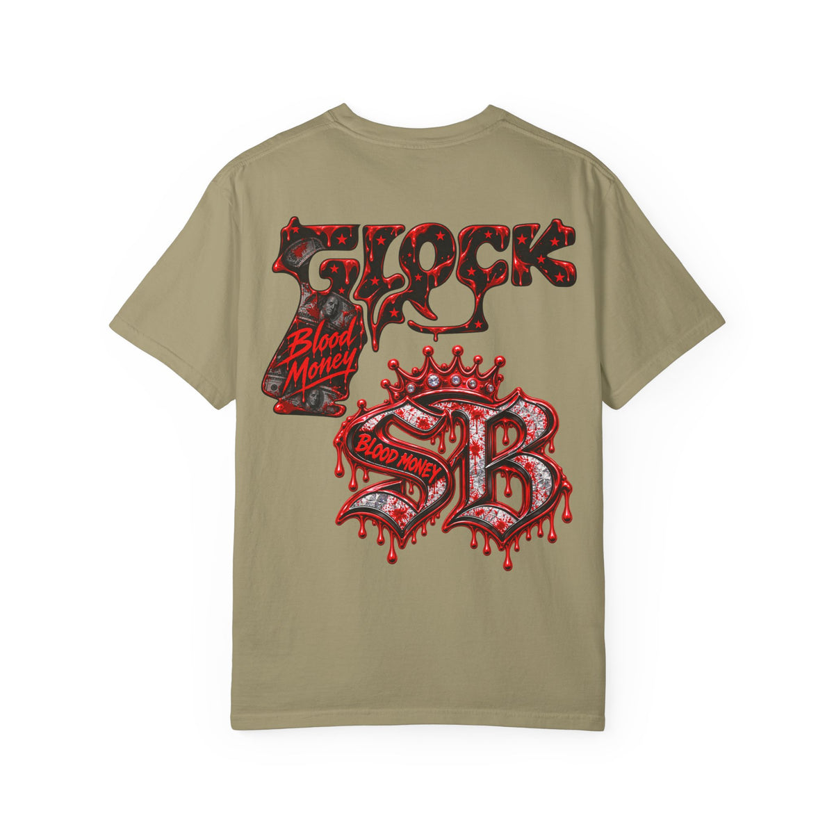 Unisex Garment-Dyed T-SHIRT-BLOOD MONEY GLOCK/SB LOGO/MASK LOGO-SCUMMIEBEARZ™