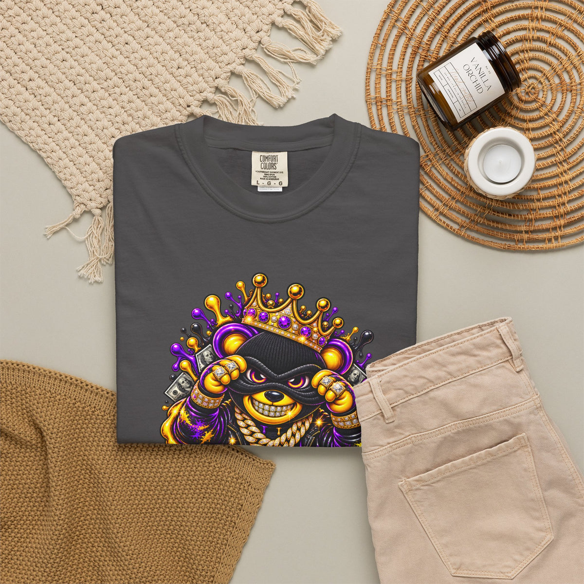 Unisex Garment-Dyed T-shirt-PURPLE&GOLD CROWN MASK LOGO GET SERVED CROWN SB LOGO-SCUMMIEBEARZ™
