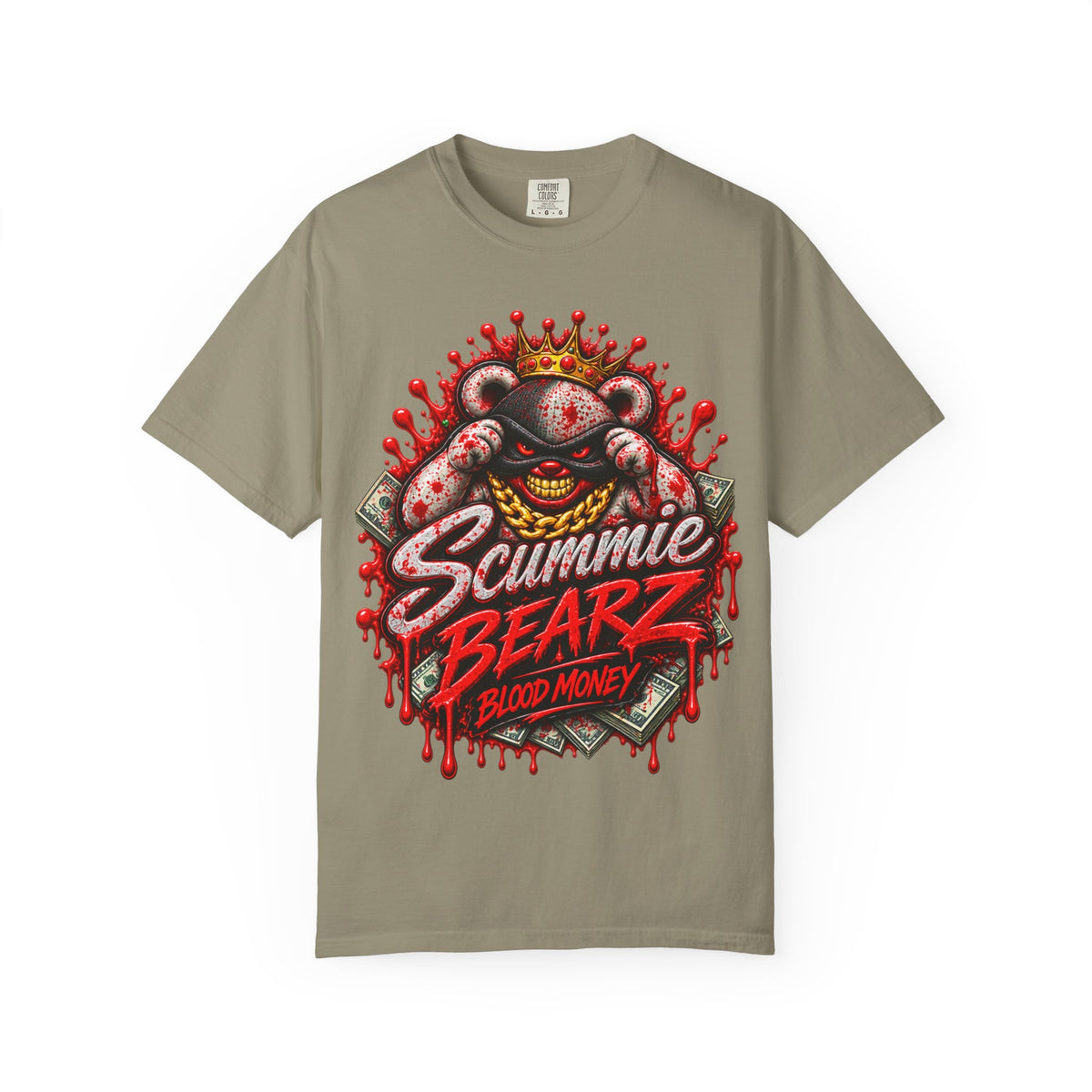 Unisex Garment-Dyed T-SHIRT-BLOOD MONEY GLOCK/SB LOGO/MASK LOGO-SCUMMIEBEARZ™