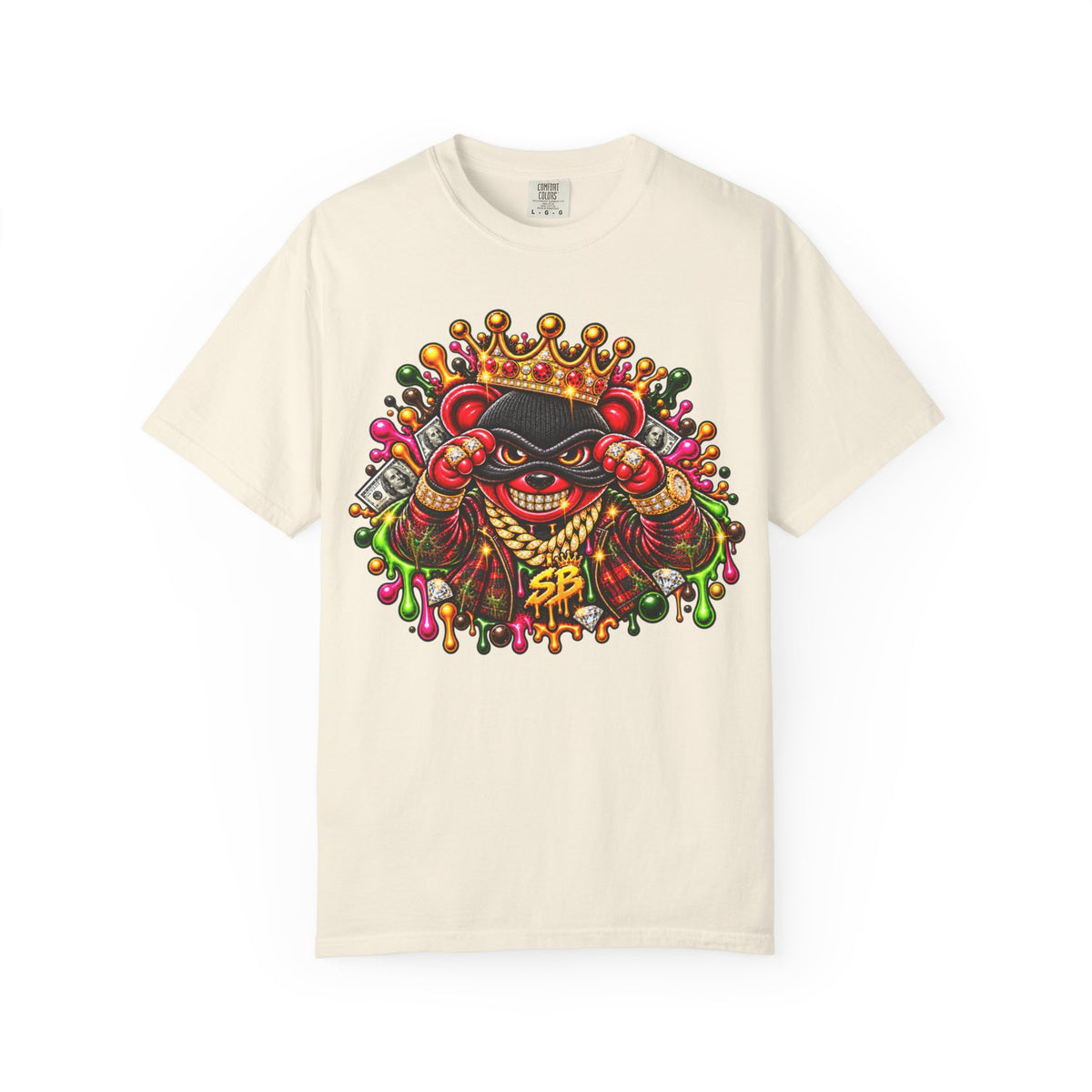 Unisex Garment-Dyed T-shirt-RED&GOLD CROWN MASK LOGO MONEY GLOCK -SCUMMIEBEARZ™