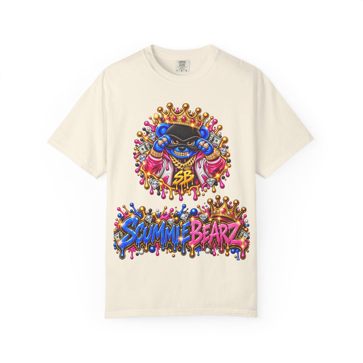 Unisex Garment-Dyed T-shirt-BLUE&PINK CROWN MASK LOGO PRAY BIG -SCUMMIEBEARZ™