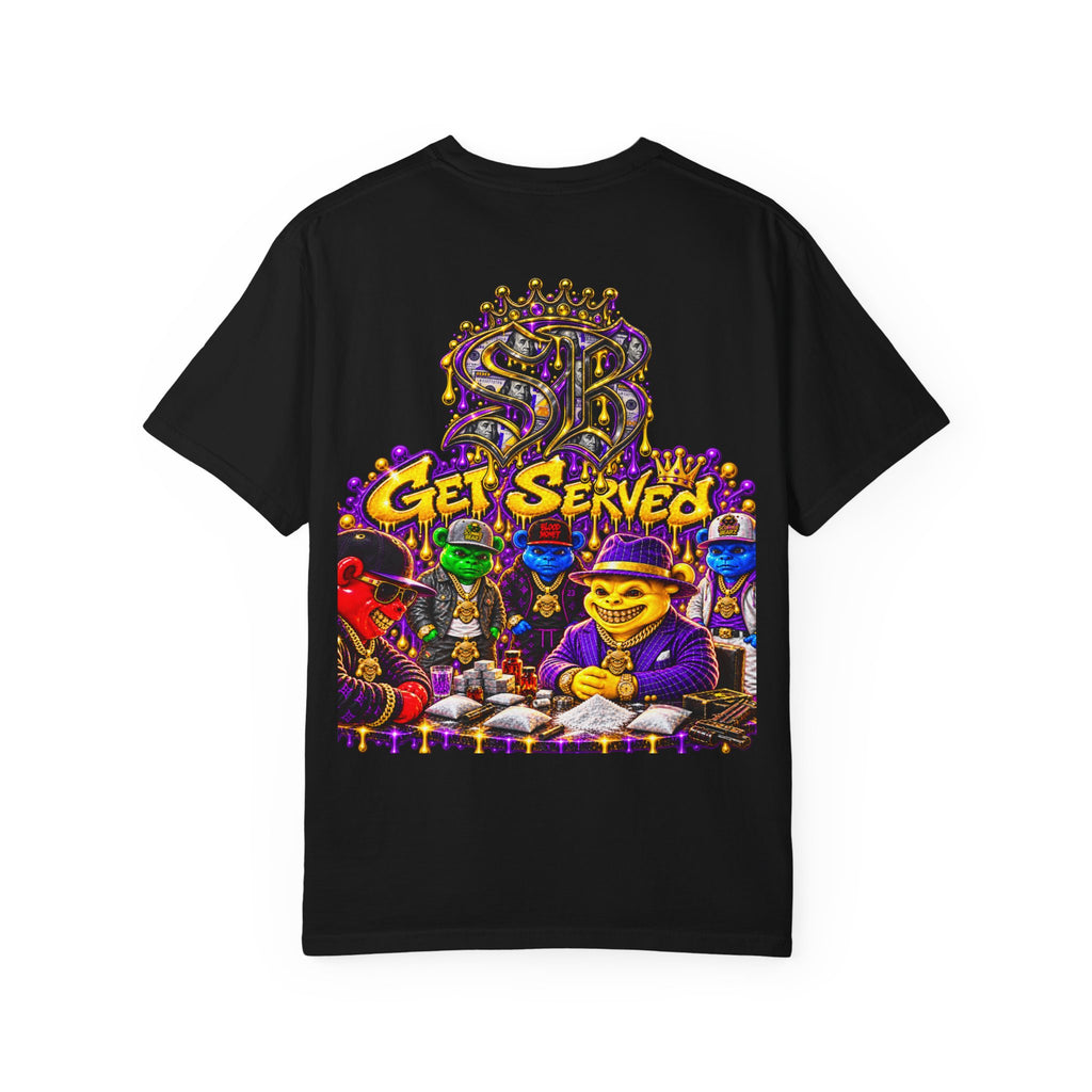 Unisex Garment-Dyed T-shirt-PURPLE&GOLD CROWN MASK LOGO GET SERVED CROWN SB LOGO-SCUMMIEBEARZ™
