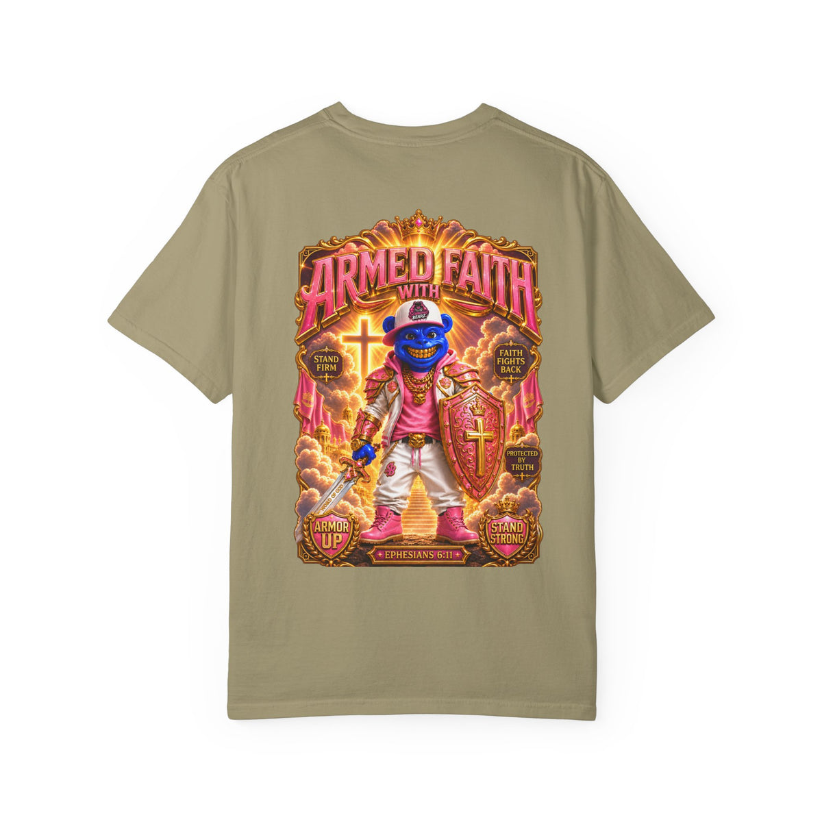 Unisex Garment-Dyed T-shirt-BLUE&PINK CROWN SB LOGO ARMED WITH FAITH-SCUMMIEBEARZ™