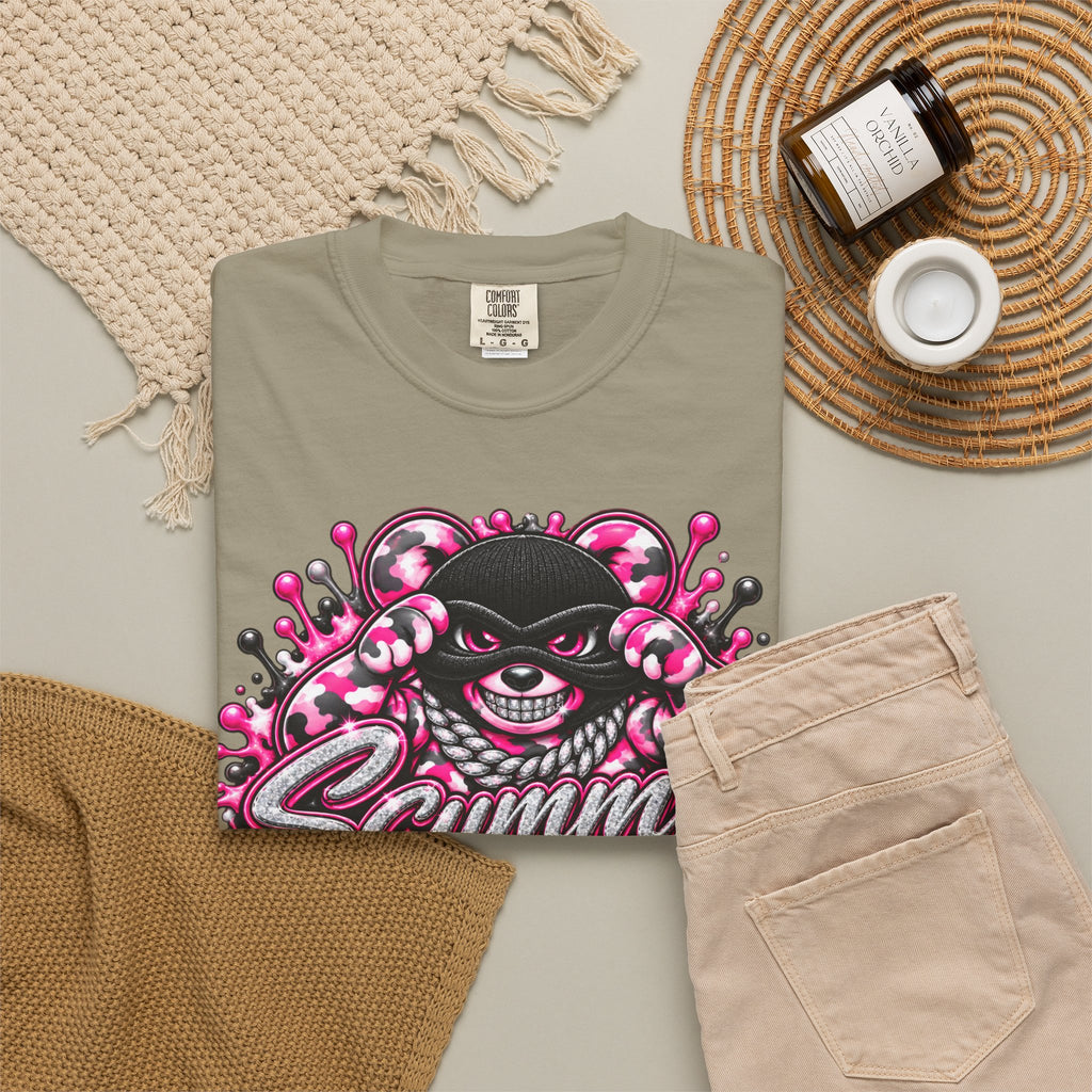 Unisex Garment-Dyed T-shirt-PINK CAMO MASK LOGO GLOCK -SCUMMIEBEARZ™