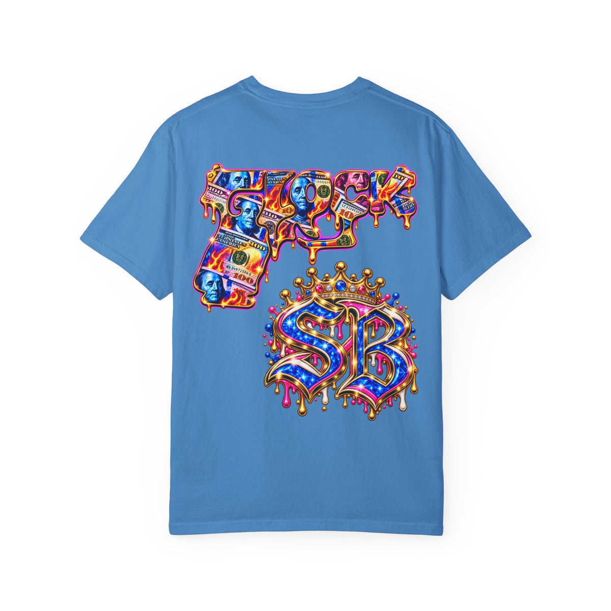 Unisex Garment-Dyed T-shirt-BLUE&PINK CROWN MASK LOGO MONEY GLOCK CROWN SB LOGO-SCUMMIEBEARZ™