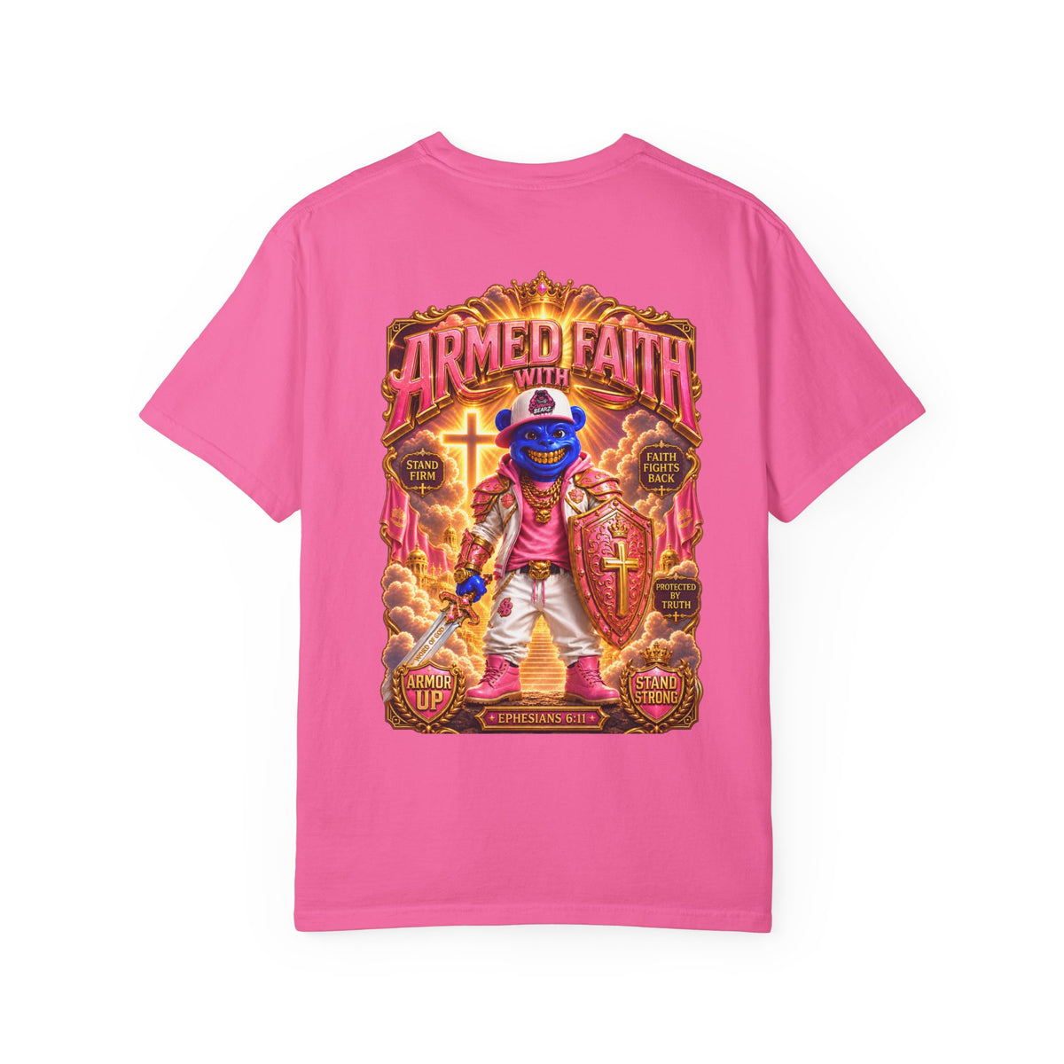 Unisex Garment-Dyed T-shirt-BLUE&PINK CROWN SB LOGO ARMED WITH FAITH-SCUMMIEBEARZ™