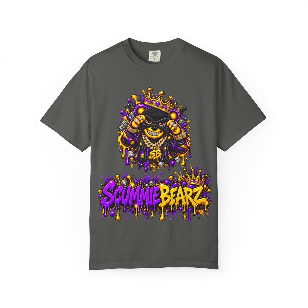 Unisex Garment-Dyed T-shirt-PURPLE&GOLD CROWN MASK LOGO GET SERVED CROWN SB LOGO-SCUMMIEBEARZ™