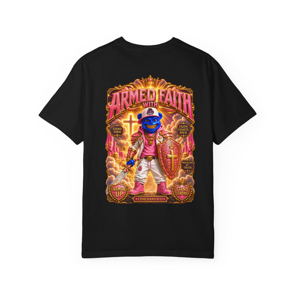 Unisex Garment-Dyed T-shirt-BLUE&PINK CROWN SB LOGO ARMED WITH FAITH-SCUMMIEBEARZ™