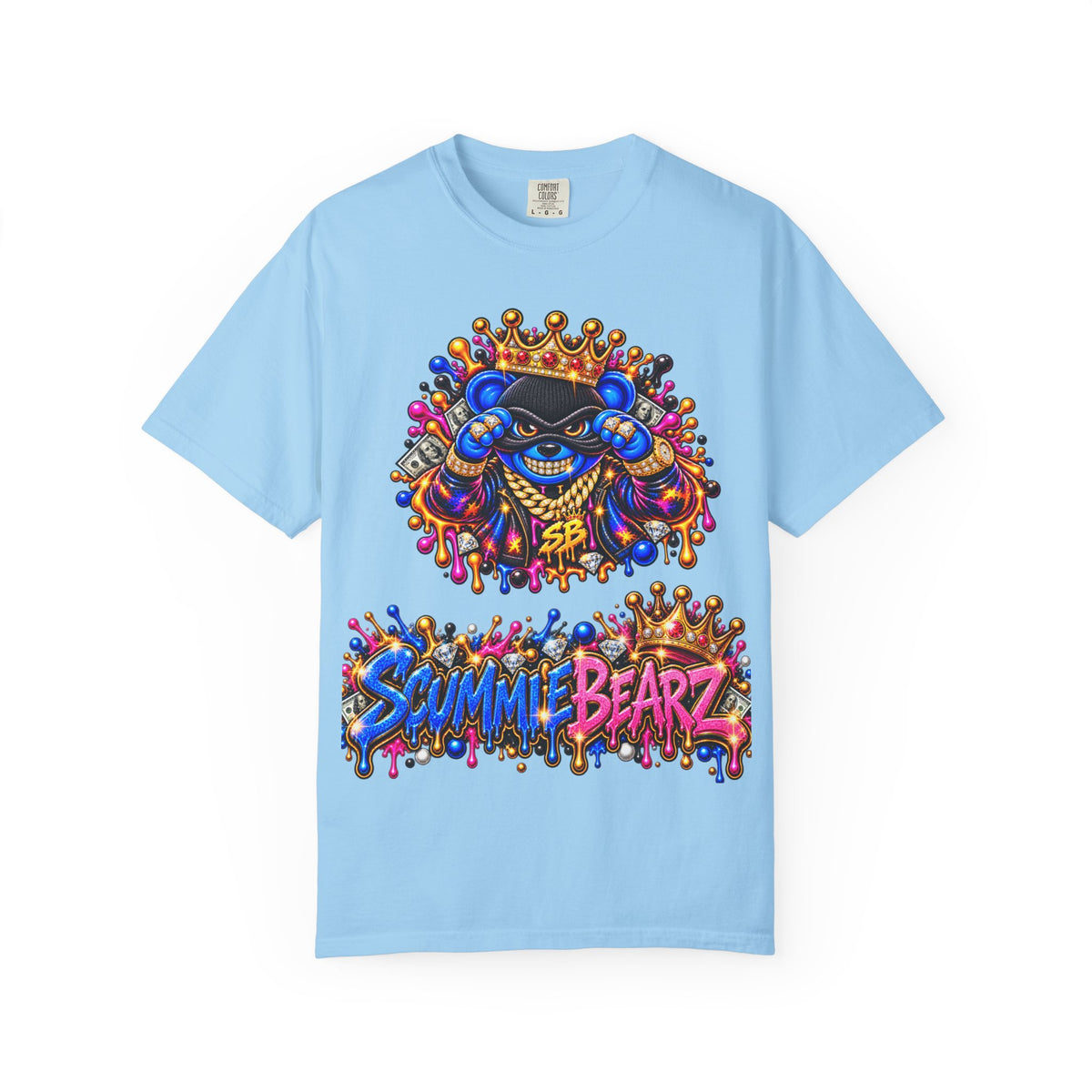 Unisex Garment-Dyed T-shirt-BLUE&PINK CROWN MASK LOGO MONEY GLOCK CROWN SB LOGO-SCUMMIEBEARZ™