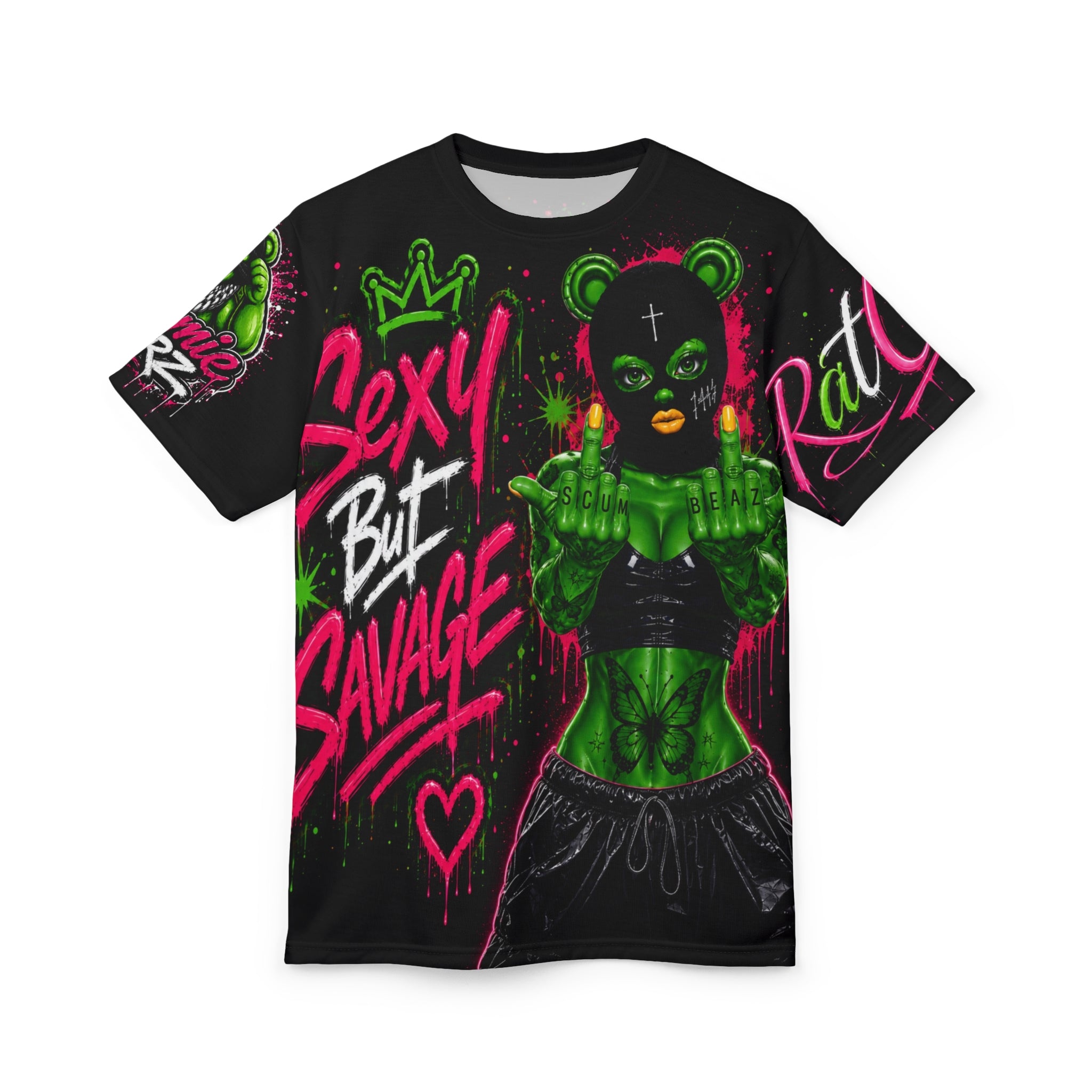 SCUMMIEBEARZ  SEXY BUT SAVAGE – IF YOU SLIP SHE WILL GRIP GREEN AOP EDITION Unisex Women’s Tee