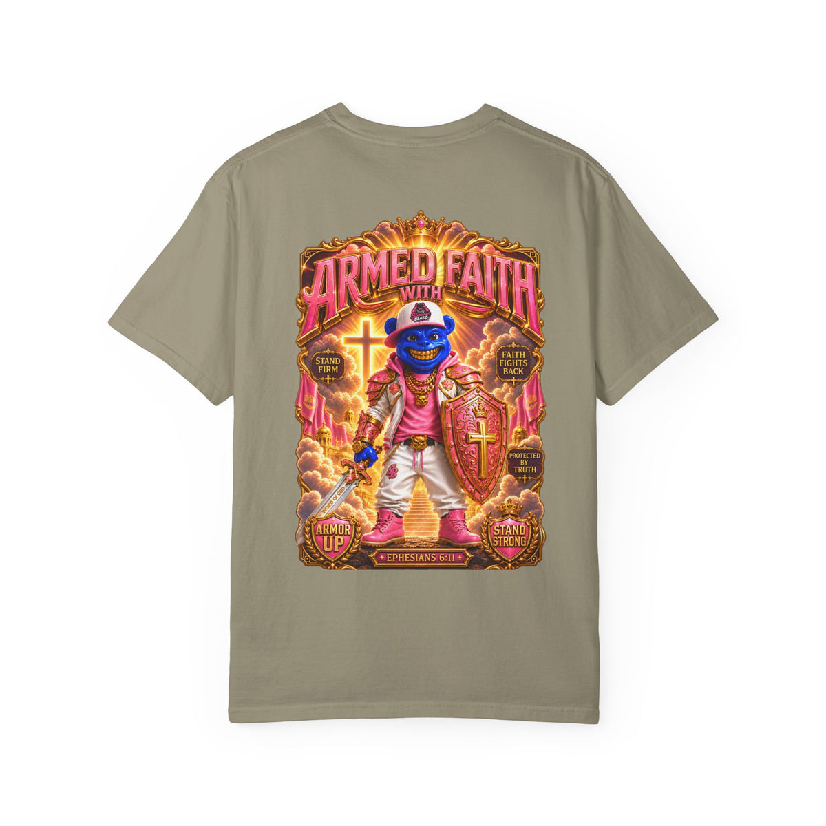 Unisex Garment-Dyed T-shirt-BLUE&PINK CROWN SB LOGO ARMED WITH FAITH-SCUMMIEBEARZ™